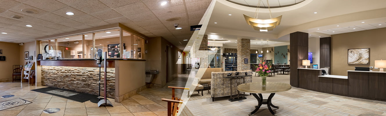 before and after converting hospitality space into senior living